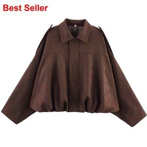 Faux Suede Bomber Jacket Oversized Pilot Coat Streetwear Outerwear